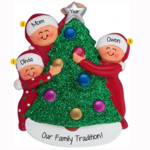 Image of Personalized Single Parent + 2 Kids Decorating Christmas Tree Ornament