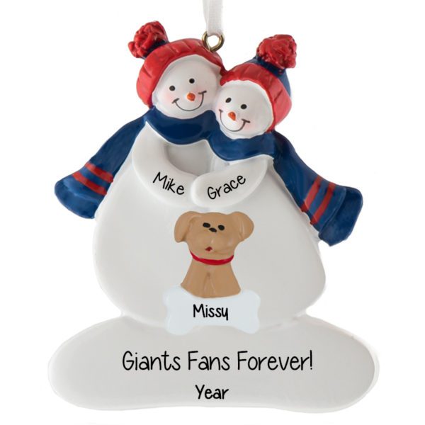 New York Giants Couple + Dog Personalized Ornament BLUE & RED