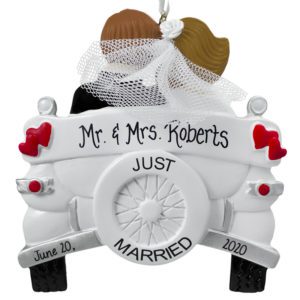 Personalized Mr & Mrs Old-Fashioned Car Wedding Ornament BRUNETTE Bride