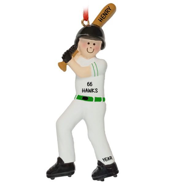 Image of Personalized Baseball Player Wearing GREEN And WHITE Uniform Ornament