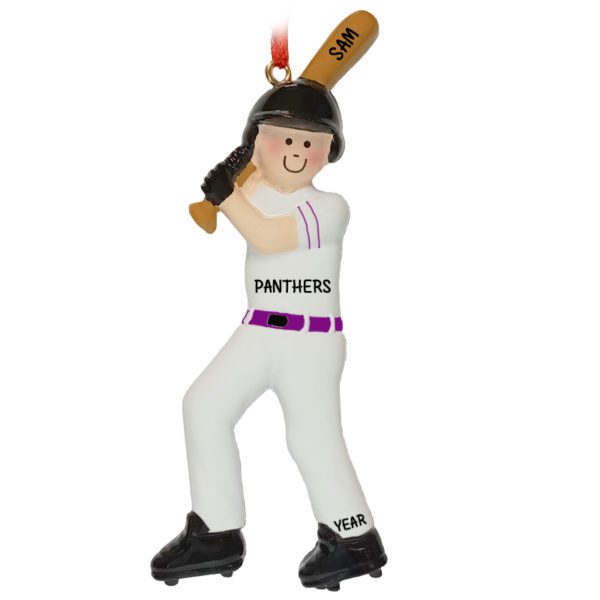 Image of Personalized Baseball Player Wearing PURPLE And WHITE Uniform Ornament