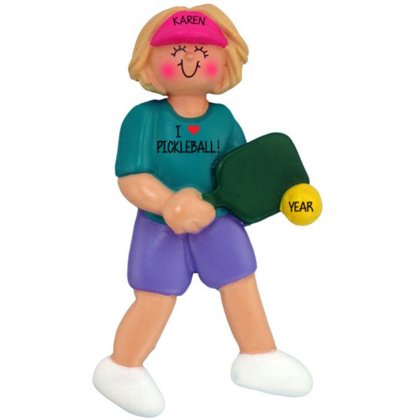 Pickleball Lady Holding Paddle Personalized Ornament BLONDE