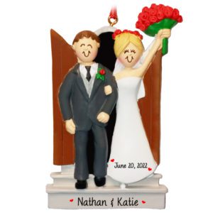 Image of Personalized Just Married Couple On Church Steps Ornament Male BROWN Female BLONDE