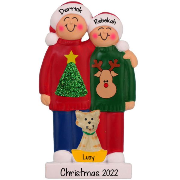Personalized Ugly Sweater Couple + Cat Ornament