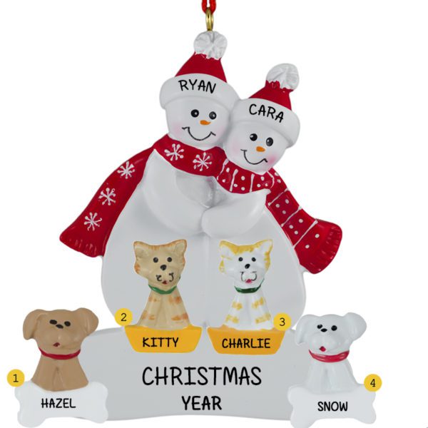 Personalized Snow Couple + 4 Pets Ornament