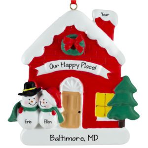Home Is Our Happy Place Snow Couple Red House Personalized Ornament