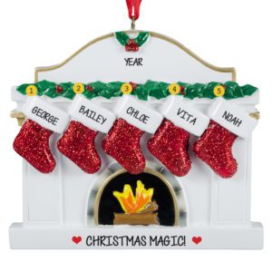 Personalized Family Of 5 Fireplace Glittered Stockings Ornament