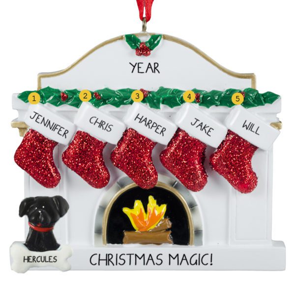Family Of 5 With 1 Dog White Fireplace Ornament