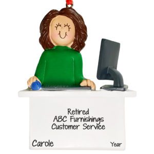 Image of Personalized Retirement Gift Female Sitting At Computer Ornament BRUNETTE