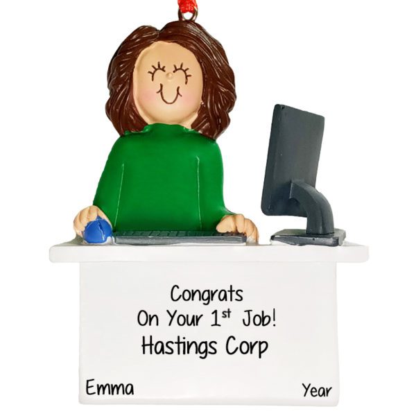 Congrats On Your First Job Girl At Computer Ornament BRUNETTE