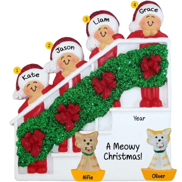 Personalized Family Of 4 + 2 Cats On Christmasy Bannister Ornament