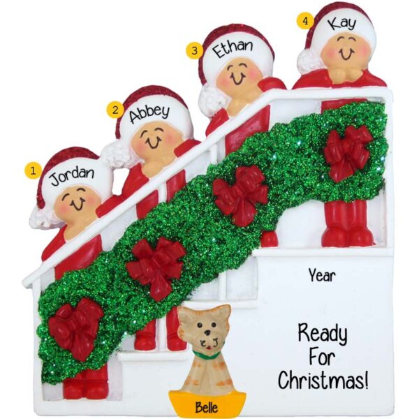 Personalized Family Of 4 + Cat Christmasy Bannister Ornament