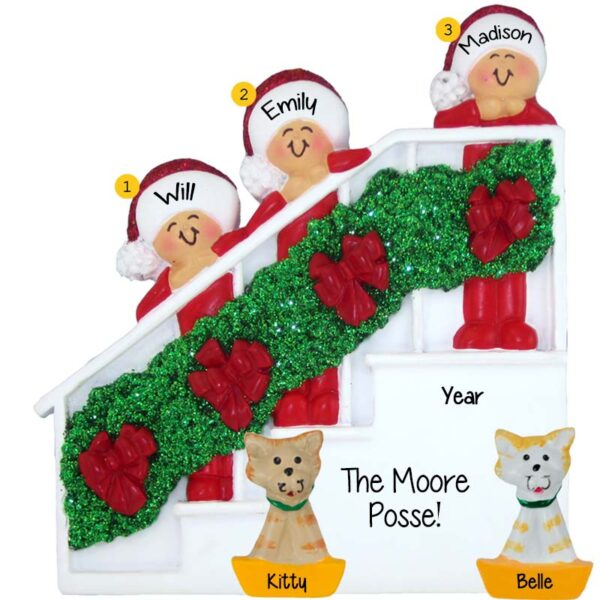 Personalized Family Of 3 + 2 Cats Christmas Bannister Glittered Ornament