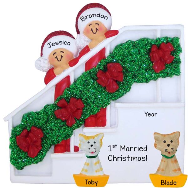 Image of First Married Christmas Couple With 2 Cats Bannister Ornament
