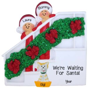 Single Parent / Grandparent+ 1 Child With Cat Christmas Bannister Glittered Ornament