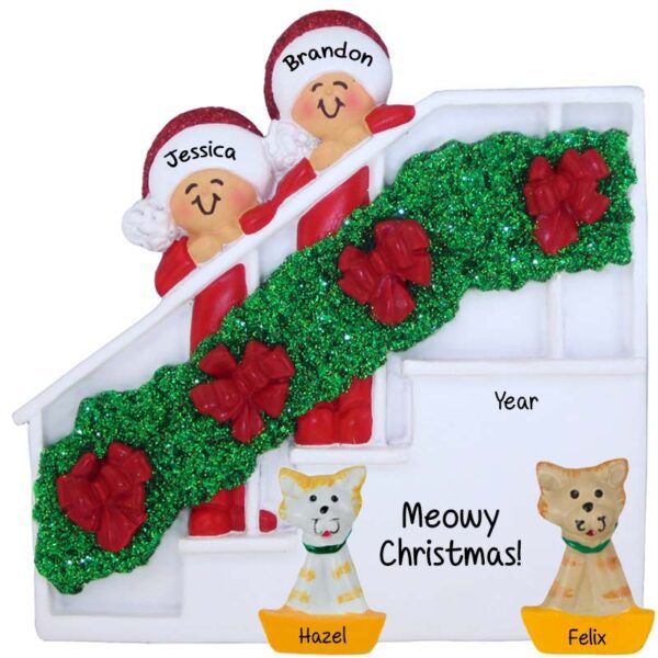 Personalized Couple With 2 Cats Christmas Bannister Ornament