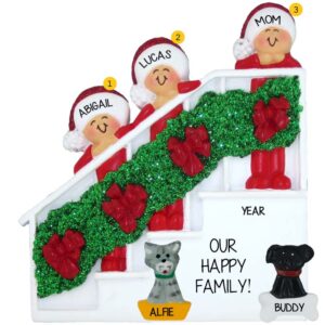 Single Parent + 2 Kids + 2 Pets Christmas Bannister Glittered Ornament