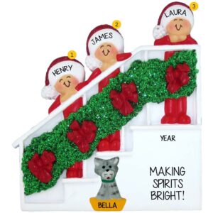 Single Parent + 2 Kids + 1 Cat Christmas Bannister Glittered Ornament