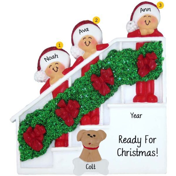 Single Parent + 2 Kids + 1 Dog Christmas Bannister Glittered Ornament
