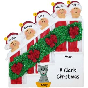 Personalized Family Of 5 + Cat Christmasy Stairs Ornament