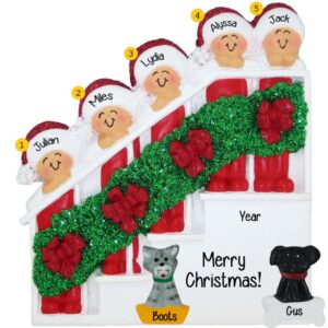 Personalized Family Of 5 + 2 Pets Christmasy Stairs Ornament