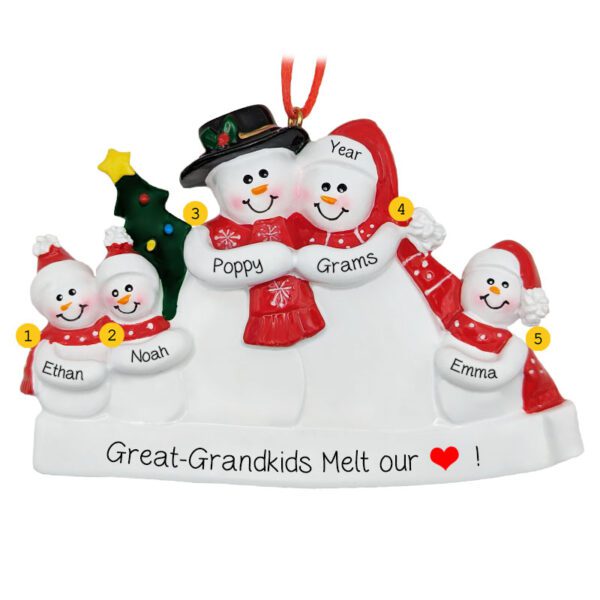 Image of Great Grandparents + 3 Great Grandkids Snow Family Ornament