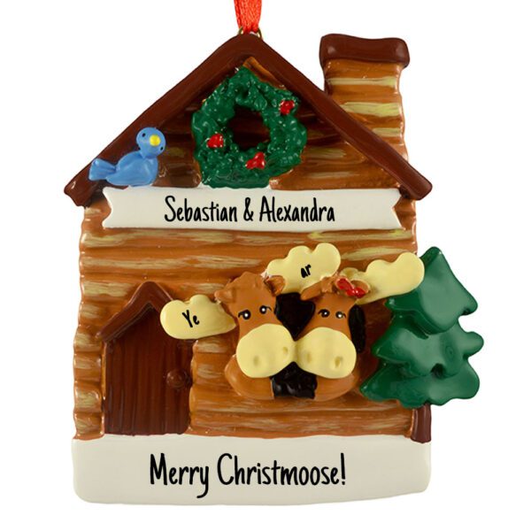 Moose Couple In Cabin With Blue Bird Ornament