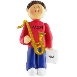 Boy Playing SAXOPHONE Personalized Ornament BROWN Hair