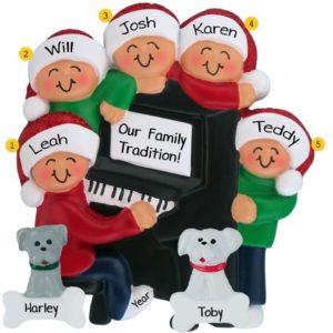 Personalized Family Or Group Of 5 + 2 Pets Around Piano Ornament