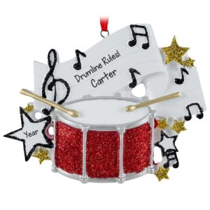 Drumline RED Glittered Drum & Music Notes Ornament
