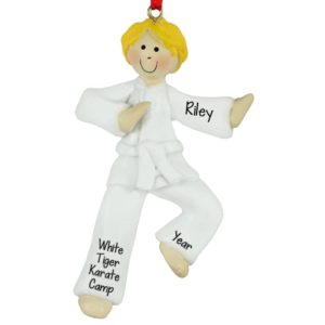 Personalized Karate Camp Boy WHITE Belt Ornament BLONDE Hair
