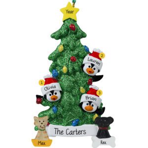 Personalized Family Of 3 + 2 Pets Penguins Glittered Tree Ornament