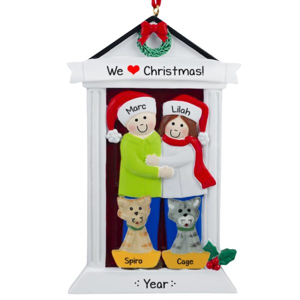 Personalized Door Couple With 2 Cats Ornament