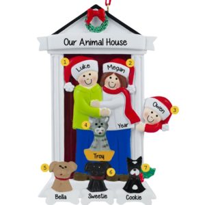Personalized Door Family Of 3 + 4 Pets Ornament BRUNETTE