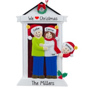 We Love Christmas Family Of 3 Door Ornament BRUNETTE