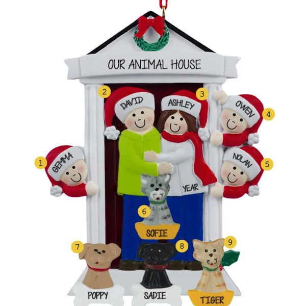 Personalized Door Family Of 5 + 4 Pets Ornament BRUNETTE