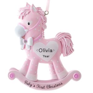Baby Girl's 1st Christmas PINK Rocking Horse With Hearts Personalized Ornament