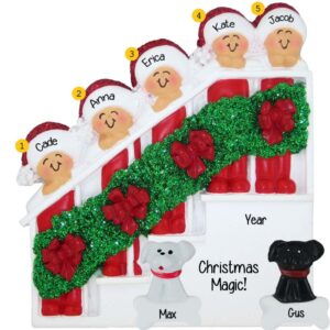 Image of Personalized Family Of 5 + 2 Dogs Christmasy Stairs Ornament