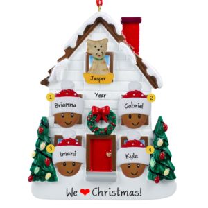 African American Family Of 4 + Cat Christmasy House Ornament
