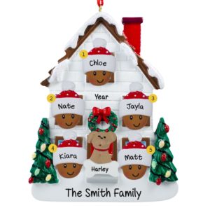 African American Family Of 5 + Dog Christmasy House Ornament