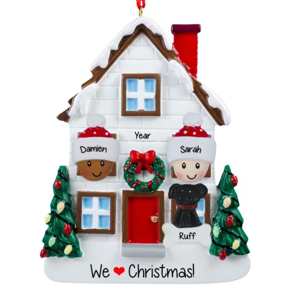 Biracial Couple + Dog Christmasy House Ornament