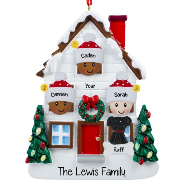 Biracial Family Of 3 + Dog Christmasy House Ornament