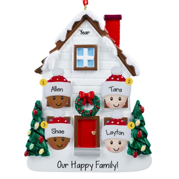 Image of Biracial Family Of 4 Christmasy House Ornament