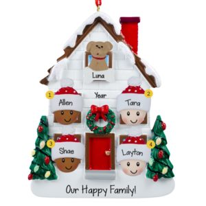 Biracial Family Of 4 + Pet Christmasy House Ornament