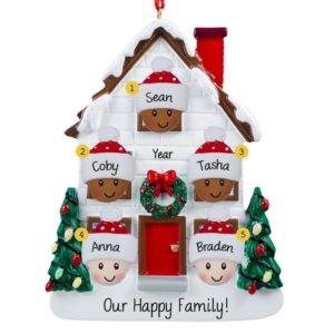 Image of Biracial Family Of 5 Christmasy House Ornament