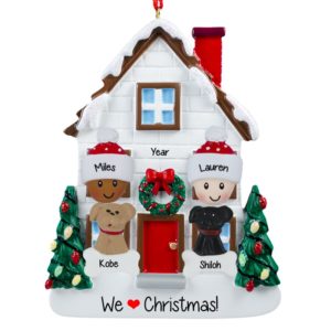 Biracial Couple + 2 Dogs Christmasy House Ornament