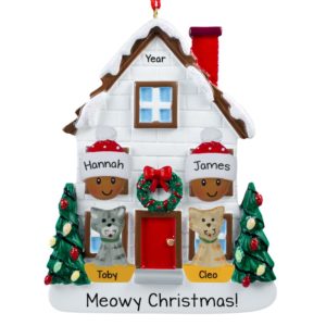 African American Couple + 2 Cats Christmasy House Ornament