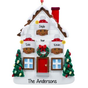 African American Family Of 3 Christmasy House Ornament