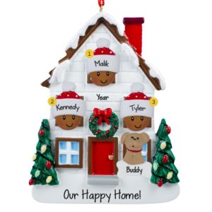 African American Family Of 3 + Dog Christmasy House Ornament