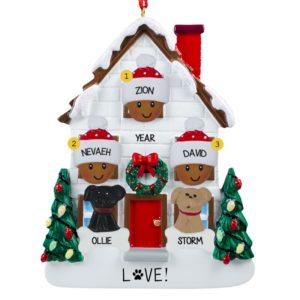Image of African American Family Of 3 + 2 Dogs Christmasy House Ornament